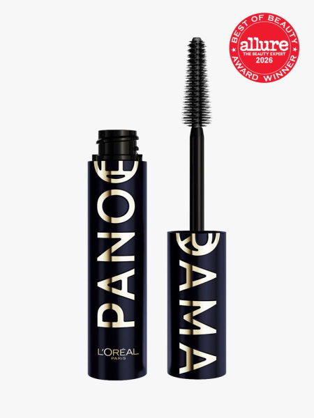 L'Oréal Paris Voluminous Panorama Chromatics Mascara black tube of mascara with gold text on light gray background with red Allure Best of Beauty seal in the top right corner