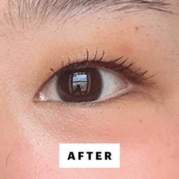 A closeup eye shot of Allure commerce editor Sarah Han after applying the L'Oral Paris Panorama Chromatics Mascara