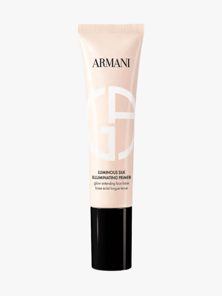 Armani Luminous Silk Hydrating Glow Extending Primer in branded tube component on a light gray background